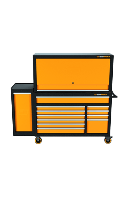GEARWRENCH 52" x 18" roller cabinet with top hutch and side locker on a transparent background