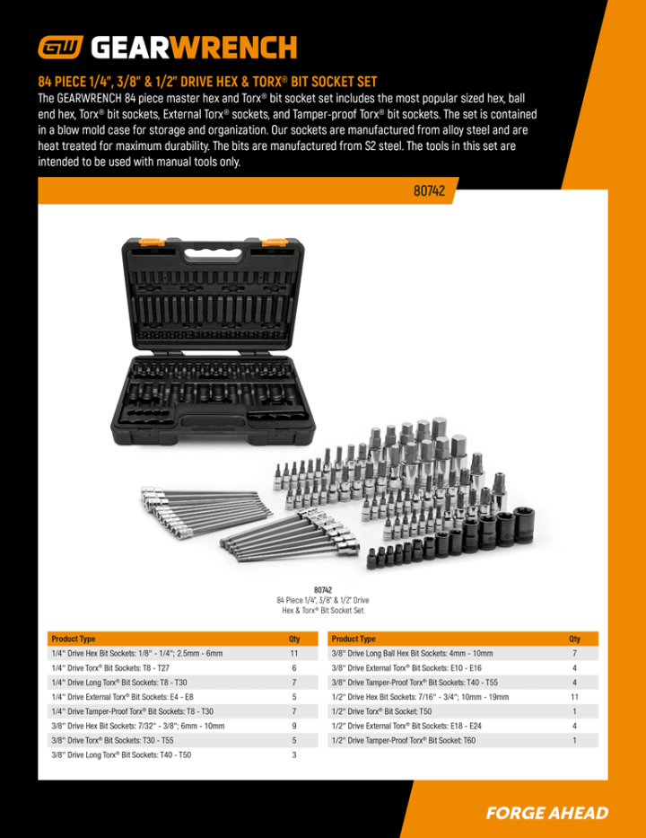 Cover page of the 84 piece master bit set 80742 set contents document
