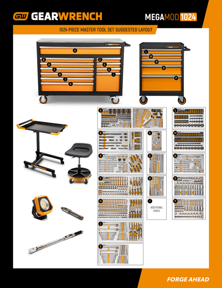 Foam tray layout by storage drawer for GEARWRENCH MEGAMOD1024