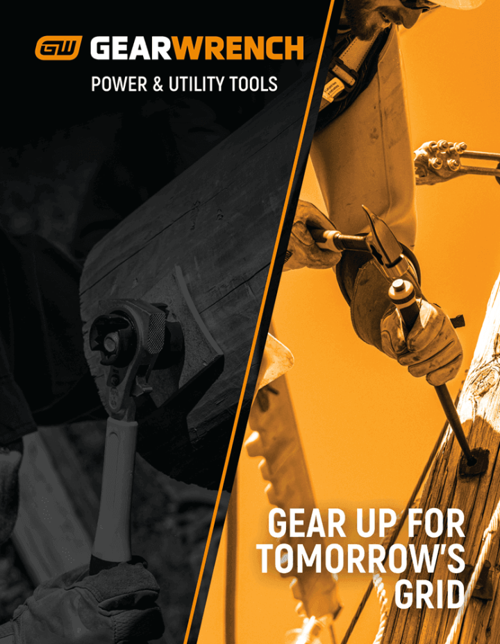 Cover page for the GEARWRENCH Power & Utility product brochure that is a split toned image showing a person using a GW lineman hammer and aligning bar to work on a wooden pole with an orange tint overlay and on the dark gray toned side a person uses a lineman ratcheting wrench on a fastener.