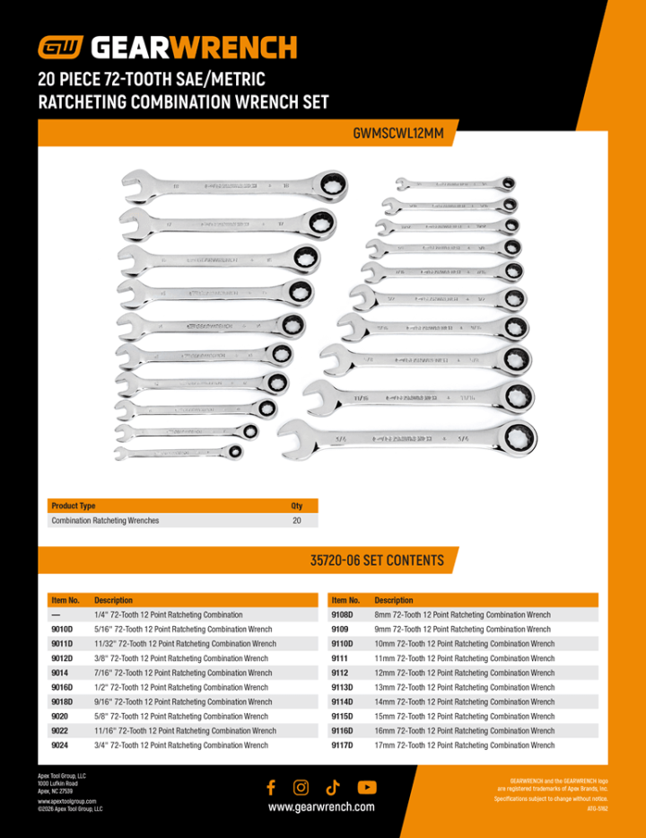 Cover page for 35720-06 20 Piece SAE/Metric Ratcheting Wrench Set Contents