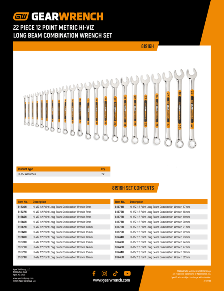 Cover page of the GEARWRENCH 81916H 22 Piece 12 Point Metric HI-VIZ Long Pattern Combination Wrench Set Contents
