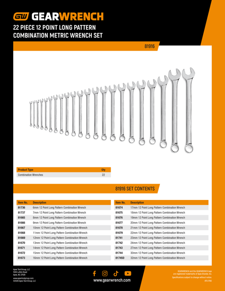 Cover page of the GEARWRENCH 81916 22 Piece 12 Point Long Pattern Metric Combination Wrench Set Contents