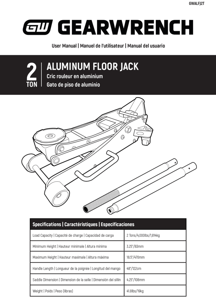 Cover page for the GEARWRENCH GWALFJ2T 2 Ton Aluminum Floor Jack User Manual
