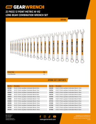 Cover page of the GEARWRENCH 81916H 22 Piece 12 Point Metric HI-VIZ Long Pattern Combination Wrench Set Contents