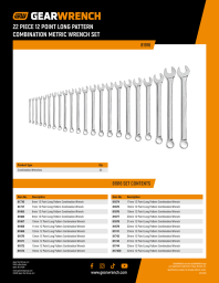Cover page of the GEARWRENCH 81916 22 Piece 12 Point Long Pattern Metric Combination Wrench Set Contents