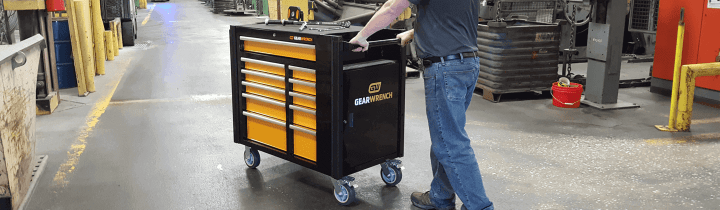 GEARWRENCH MRO workstation being pushed through a warehouse