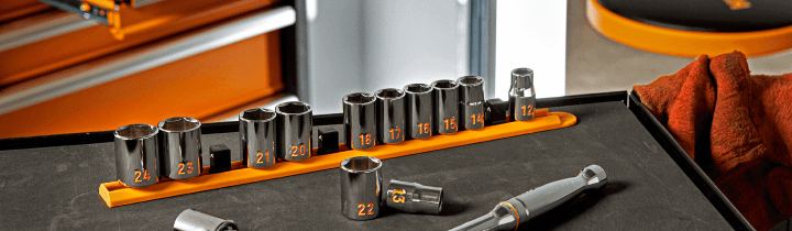 GEARWRENCH hi-viz chrome socket set sitting on top of a tool cart