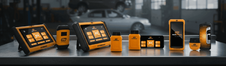 GEARWRENCH SMART Diagnostics line up on top of a stainless steel rolling tool cabinet within an auto shop