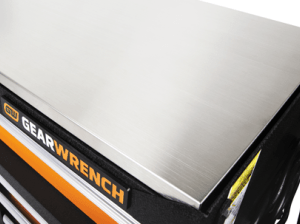 Stainless steel top of a GEARWRENCH rolling cabinet