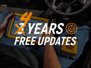 GEARWRENCH Diagnostics 4 Years Free Updates with an image of a male auto technician using GWSMART10 diagnostics tablet and GWSMARTBT diagnostic scanner