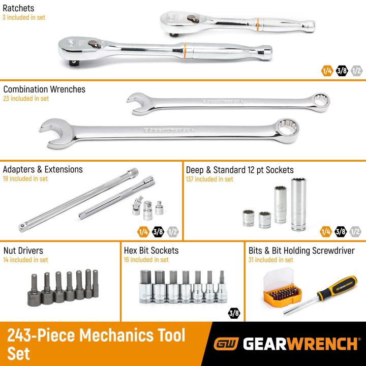 243 Pc. 12 Point Mechanics Tool Set in 3 Drawer Storage Box 