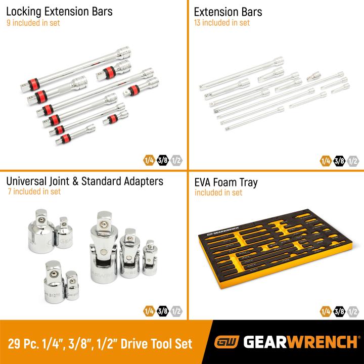 GEARWRENCH 29 Piece 1/4， 3/8， 1/2 Drive Chrome Tool Accessories