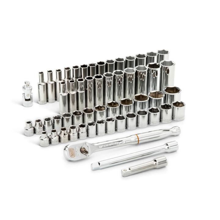 Image of the  GEARWRENCH  80550 57 Piece 3/8 Drive 12 Point Standard & Deep SAE/Metric Mechanics Tool Set on a white background showcasing the ratchets, sockets and extensions.