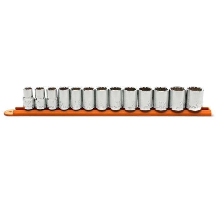 13 Piece 1/2 Drive 12 Point Standard Metric Socket Set neatly arranged on a orange socket rail.