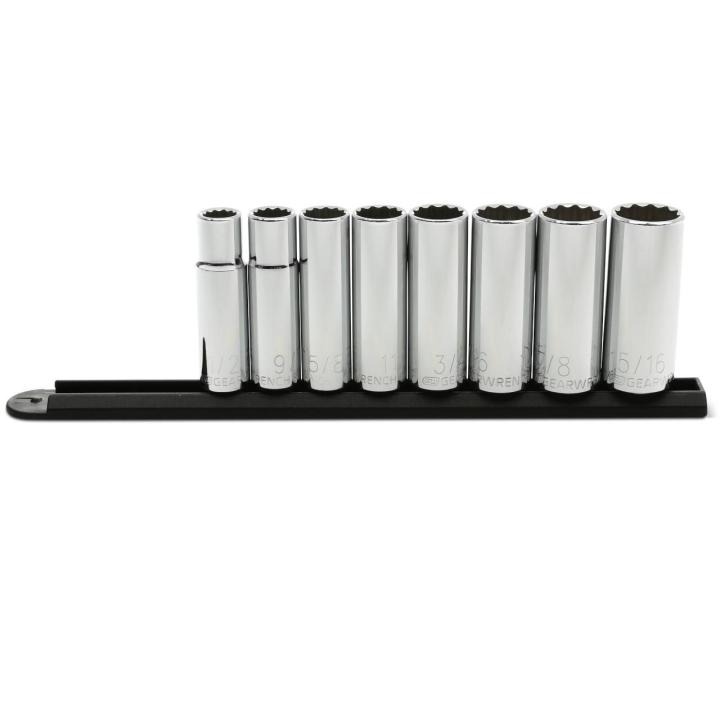 8 Piece 1/2 Drive 12 Point Deep SAE Socket Set neatly arranged on a black socket rail.