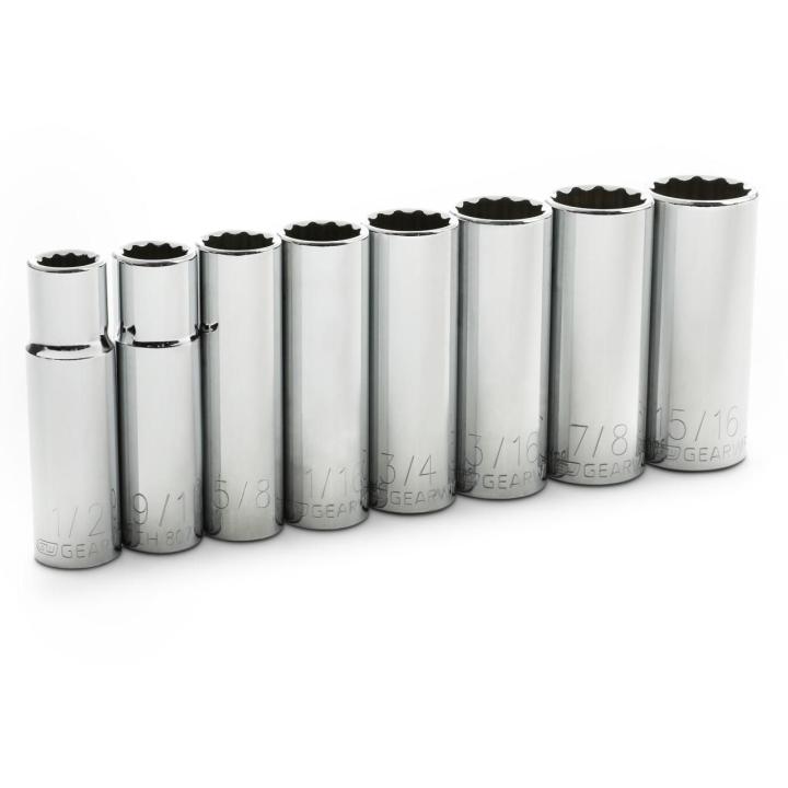 8 Piece 1/2 Drive 12 Point Deep SAE Socket Set neatly arranged on a white background