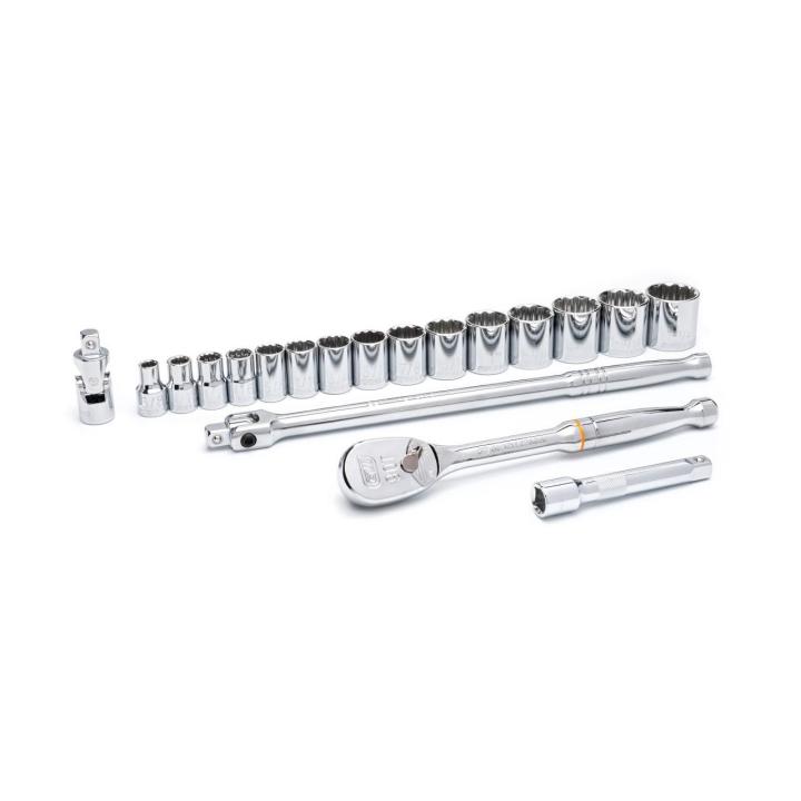 Image of the  GEARWRENCH  80792 165 Piece 1/4, 3/8 & 1/2 Drive 6 Point Standard & Deep SAE/Metric Mechanics Tool Set on a white background showcasing the ratchet, sockets and extensions.