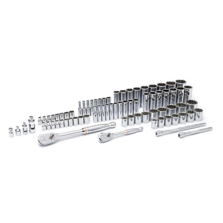 Image of the  GEARWRENCH  80948 68 Piece 1/4 & 3/8 Drive 6 & 12 Point Standard & Deep SAE/Metric Mechanics Tool Set on a white background showcasing the ratchet, sockets and extensions.