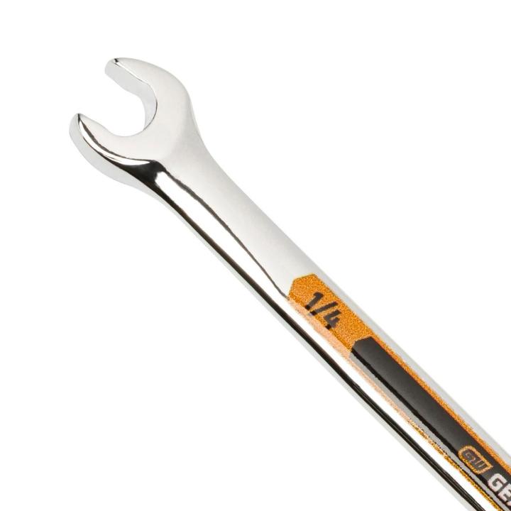Up close image of the GEARWRENCH  1/4 12 Point Hi-Viz Long Pattern Combination Wrench showcasing the bold, large high-visibility color size markings for quick identification.