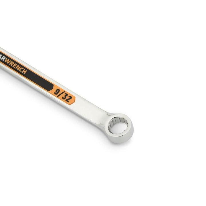 Up close image of the GEARWRENCH  9/32 12 Point Hi-Viz Long Pattern Combination Wrench showcasing the bold, large high-visibility color size markings for quick identification.