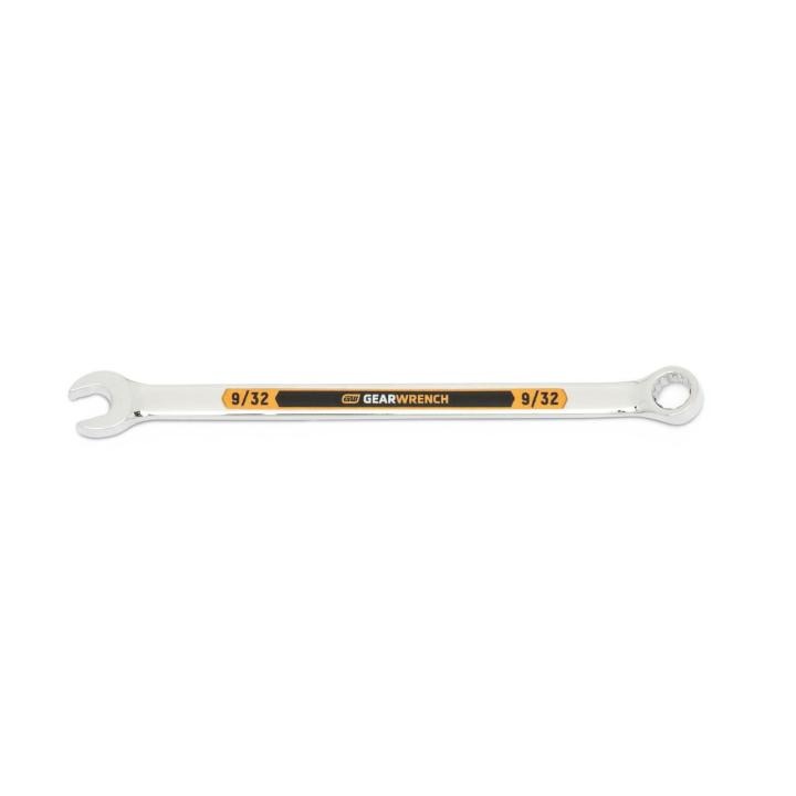 Image of the GEARWRENCH  9/32 12 Point Hi-Viz Long Pattern Combination Wrench with the open end towards the left and the closed end towards the right showcasing the bold, large high-visibility color size markings for quick identification.