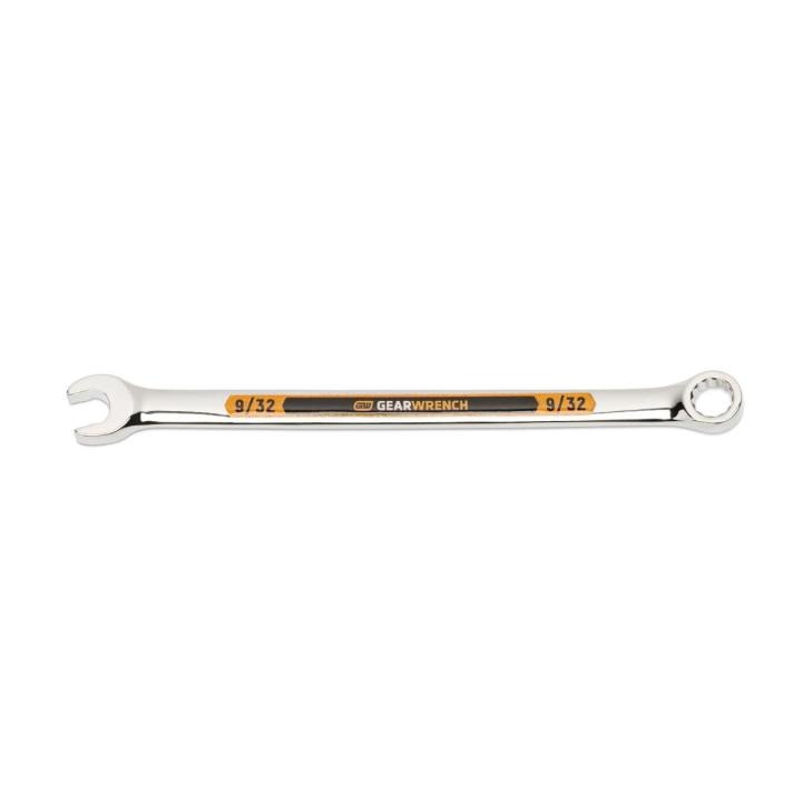 Image of the GEARWRENCH  9/32 12 Point Hi-Viz Long Pattern Combination Wrench with the open end towards the left and the closed end towards the right showcasing the bold, large high-visibility color size markings for quick identification.