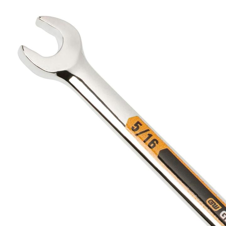 Up close image of the GEARWRENCH  5/16 12 Point Hi-Viz Long Pattern Combination Wrench showcasing the bold, large high-visibility color size markings for quick identification.