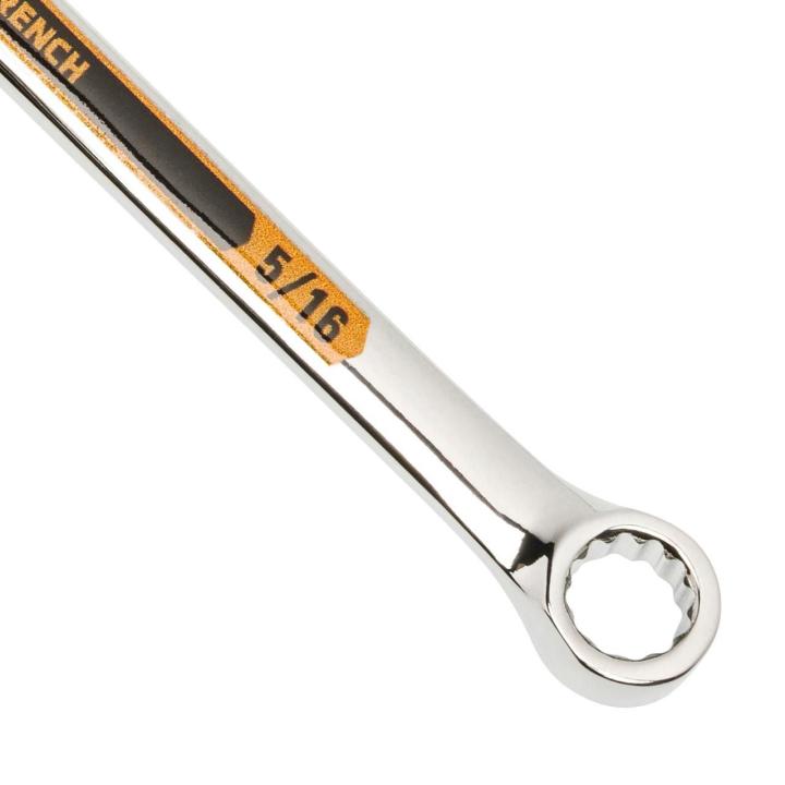 Up close image of the GEARWRENCH  5/16 12 Point Hi-Viz Long Pattern Combination Wrench showcasing the bold, large high-visibility color size markings for quick identification.