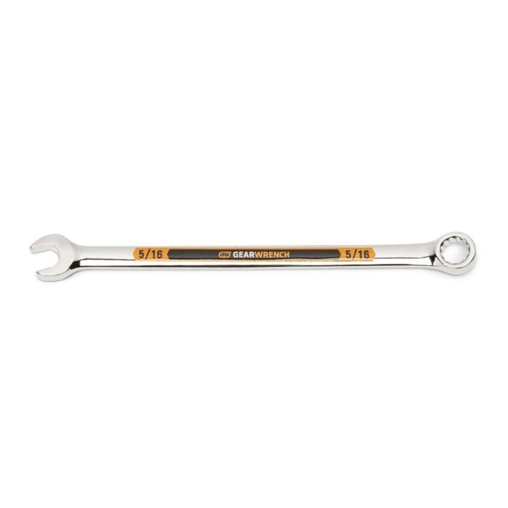 Image of the GEARWRENCH  5/16 12 Point Hi-Viz Long Pattern Combination Wrench with the open end towards the left and the closed end towards the right showcasing the bold, large high-visibility color size markings for quick identification.