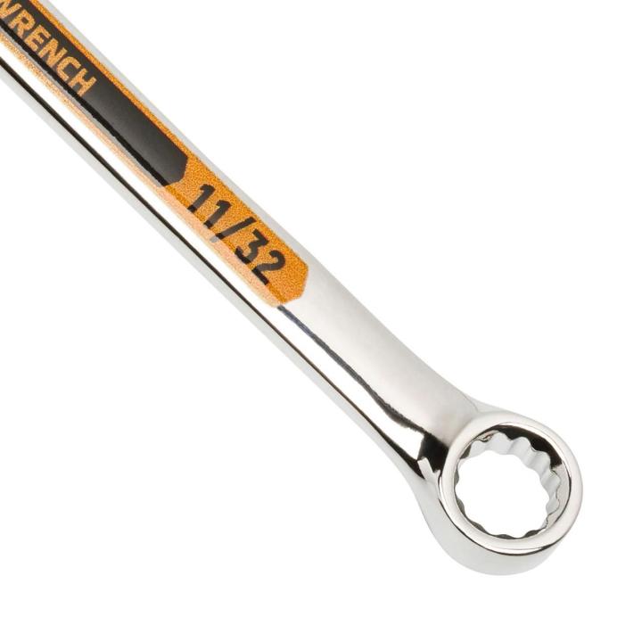 Up close image of the GEARWRENCH  11/32 12 Point Hi-Viz Long Pattern Combination Wrench showcasing the bold, large high-visibility color size markings for quick identification.
