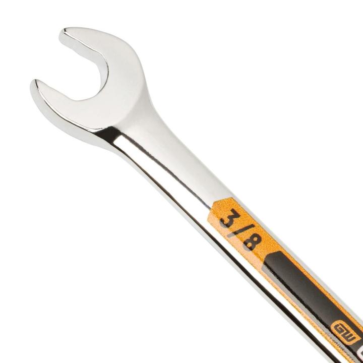 Up close image of the GEARWRENCH  3/8 12 Point Hi-Viz Long Pattern Combination Wrench showcasing the bold, large high-visibility color size markings for quick identification.