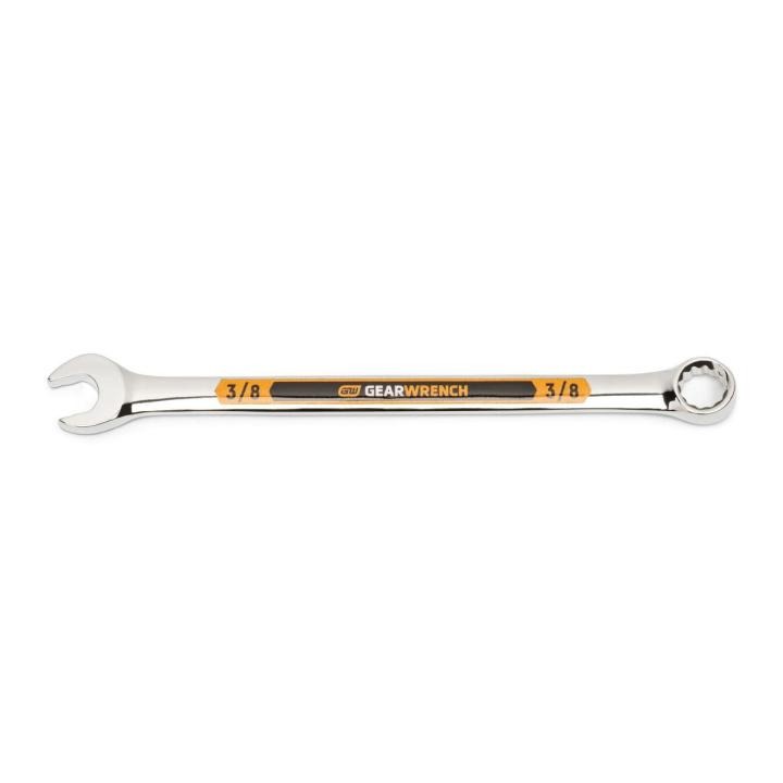 Image of the GEARWRENCH  3/8 12 Point Hi-Viz Long Pattern Combination Wrench with the open end towards the left and the closed end towards the right showcasing the bold, large high-visibility color size markings for quick identification.