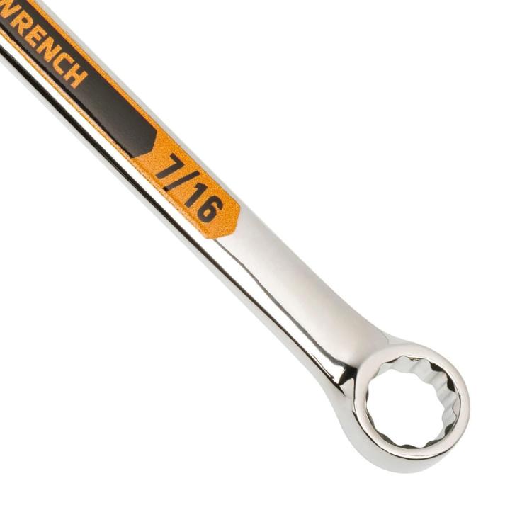 Up close image of the GEARWRENCH  7/16 12 Point Hi-Viz Long Pattern Combination Wrench showcasing the bold, large high-visibility color size markings for quick identification.