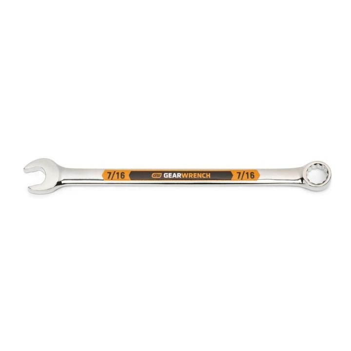 Image of the GEARWRENCH  7/16 12 Point Hi-Viz Long Pattern Combination Wrench with the open end towards the left and the closed end towards the right showcasing the bold, large high-visibility color size markings for quick identification.