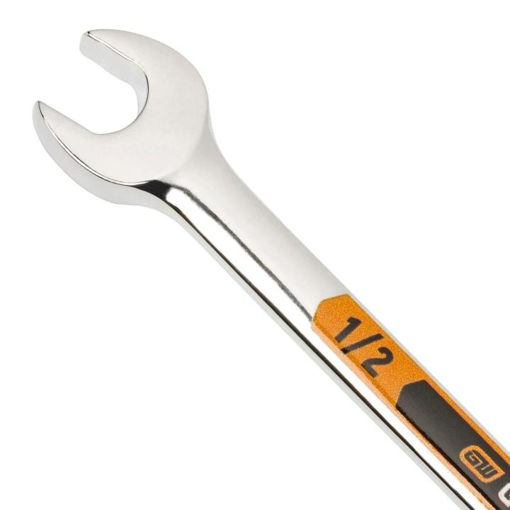 Up close image of the GEARWRENCH  1/2 12 Point Hi-Viz Long Pattern Combination Wrench showcasing the bold, large high-visibility color size markings for quick identification.