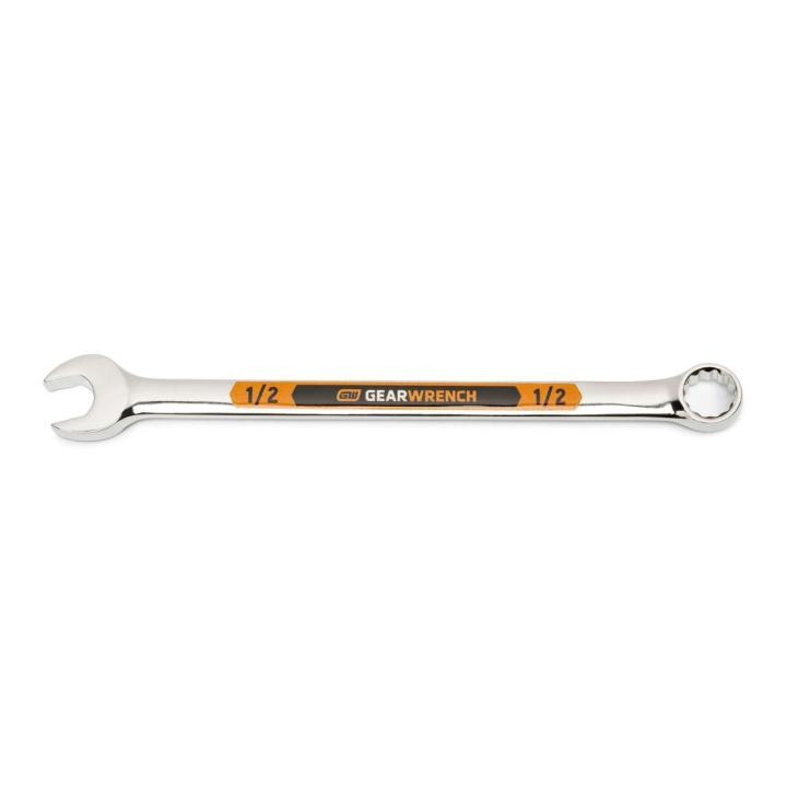 Image of the GEARWRENCH  1/2 12 Point Hi-Viz Long Pattern Combination Wrench with the open end towards the left and the closed end towards the right showcasing the bold, large high-visibility color size markings for quick identification.