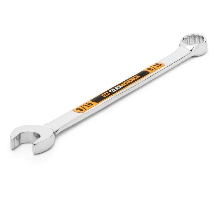 Image of the GEARWRENCH 9/16 12 Point Hi-Viz Long Pattern Combination Wrench with the open end towards the bottom left and the closed end towards the upper right side