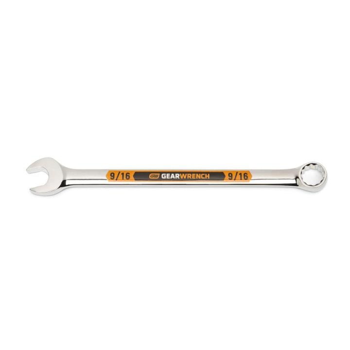 Image of the GEARWRENCH  9/16 12 Point Hi-Viz Long Pattern Combination Wrench with the open end towards the left and the closed end towards the right showcasing the bold, large high-visibility color size markings for quick identification.
