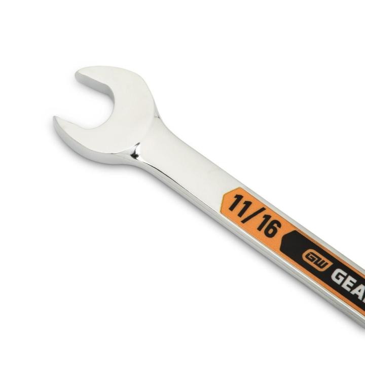 Up close image of the GEARWRENCH  11/16 12 Point Hi-Viz Long Pattern Combination Wrench showcasing the bold, large high-visibility color size markings for quick identification.