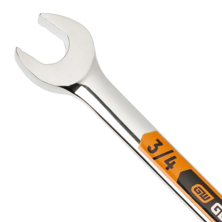 Up close image of the GEARWRENCH  3/4 12 Point Hi-Viz Long Pattern Combination Wrench showcasing the bold, large high-visibility color size markings for quick identification.