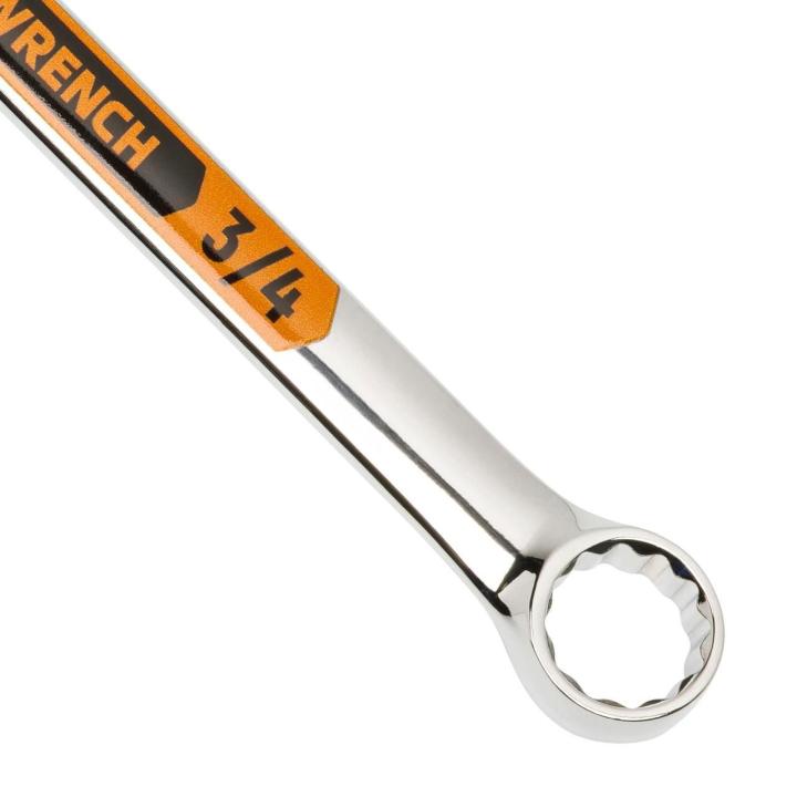 Up close image of the GEARWRENCH  3/4 12 Point Hi-Viz Long Pattern Combination Wrench showcasing the bold, large high-visibility color size markings for quick identification.