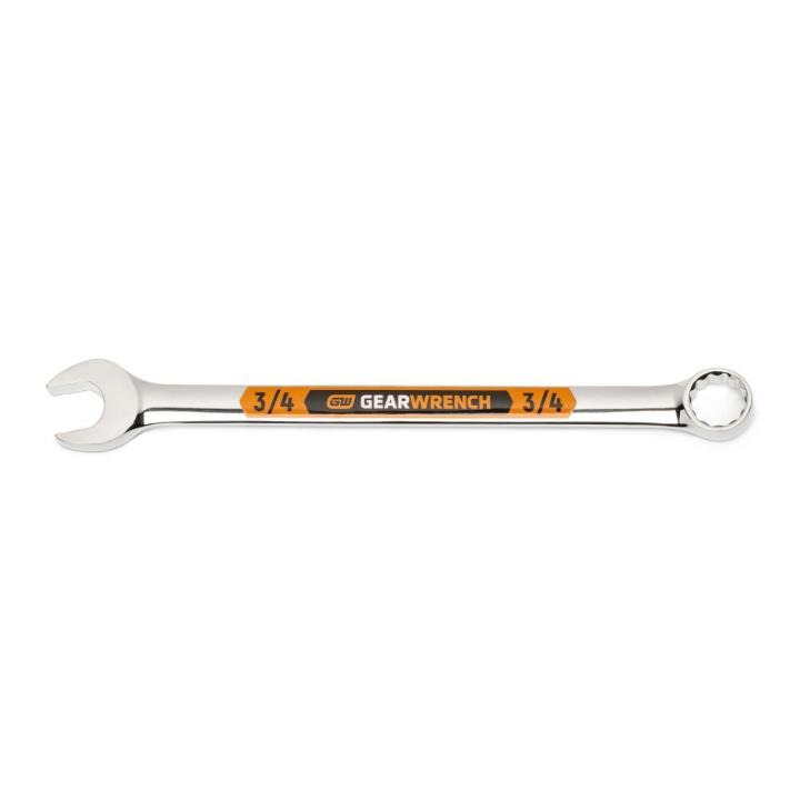 Image of the GEARWRENCH  3/4 12 Point Hi-Viz Long Pattern Combination Wrench with the open end towards the left and the closed end towards the right showcasing the bold, large high-visibility color size markings for quick identification.