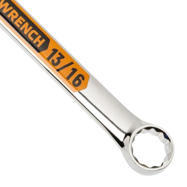 Up close image of the GEARWRENCH  13/16 12 Point Hi-Viz Long Pattern Combination Wrench showcasing the bold, large high-visibility color size markings for quick identification.