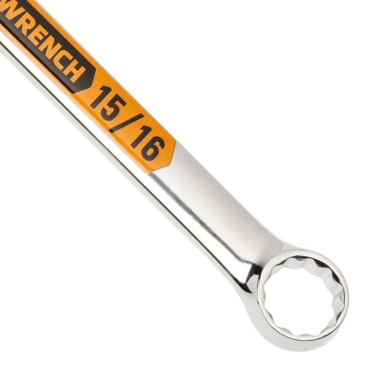 Up close image of the GEARWRENCH  15/16 12 Point Hi-Viz Long Pattern Combination Wrench showcasing the bold, large high-visibility color size markings for quick identification.