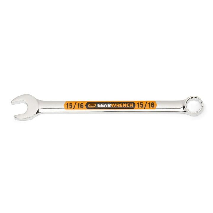 Image of the GEARWRENCH  15/16 12 Point Hi-Viz Long Pattern Combination Wrench with the open end towards the left and the closed end towards the right showcasing the bold, large high-visibility color size markings for quick identification.