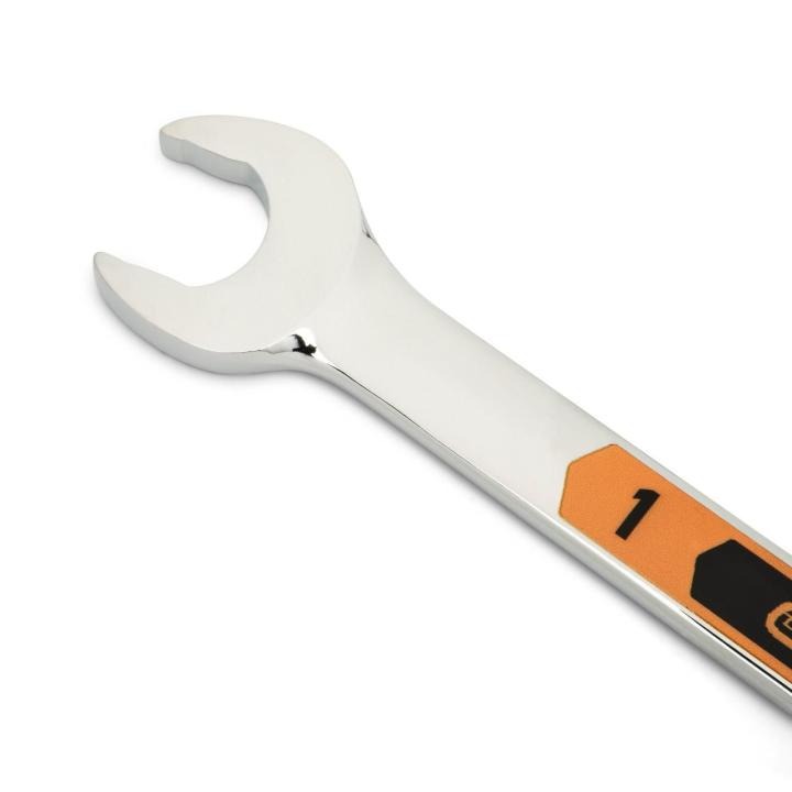 Up close image of the GEARWRENCH  1" 12 Point Hi-Viz Long Pattern Combination Wrench showcasing the bold, large high-visibility color size markings for quick identification.