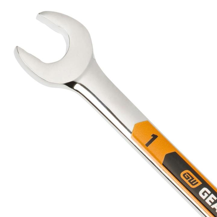 Up close image of the GEARWRENCH  1 12 Point Hi-Viz Long Pattern Combination Wrench showcasing the bold, large high-visibility color size markings for quick identification.