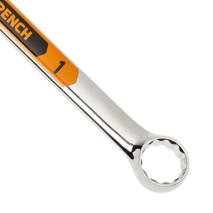 Up close image of the GEARWRENCH  1 12 Point Hi-Viz Long Pattern Combination Wrench showcasing the bold, large high-visibility color size markings for quick identification.