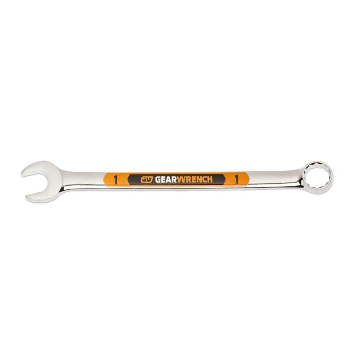 Image of the GEARWRENCH  1 12 Point Hi-Viz Long Pattern Combination Wrench with the open end towards the left and the closed end towards the right showcasing the bold, large high-visibility color size markings for quick identification.